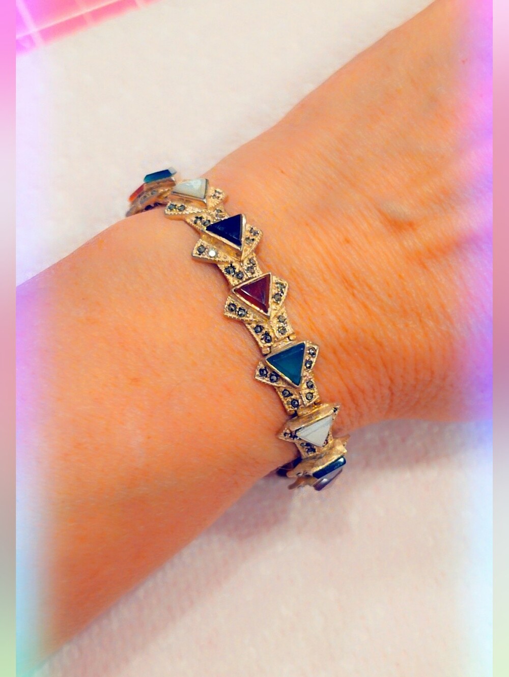Estate Marcasite & Multi Gemstone Bracelet Sterling Silver 925